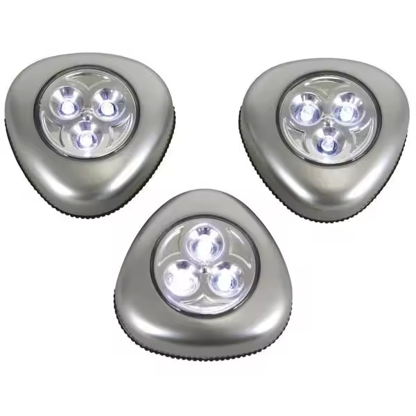Perel Lámparas LED autoadhesivas, juego de 3, con pulsador de encendido/apagado fácil, 3 pilas alcalinas, 3 LED por lámpara, inalámbricas, colocación flexible en armario, vestidor, pasillo, gris - 1