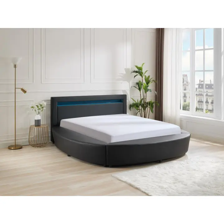 Vente-unique - Cama 160 x 200 cm - Con LEDs - Piel sintética - Negro + Colchón - ABULIS III - 1