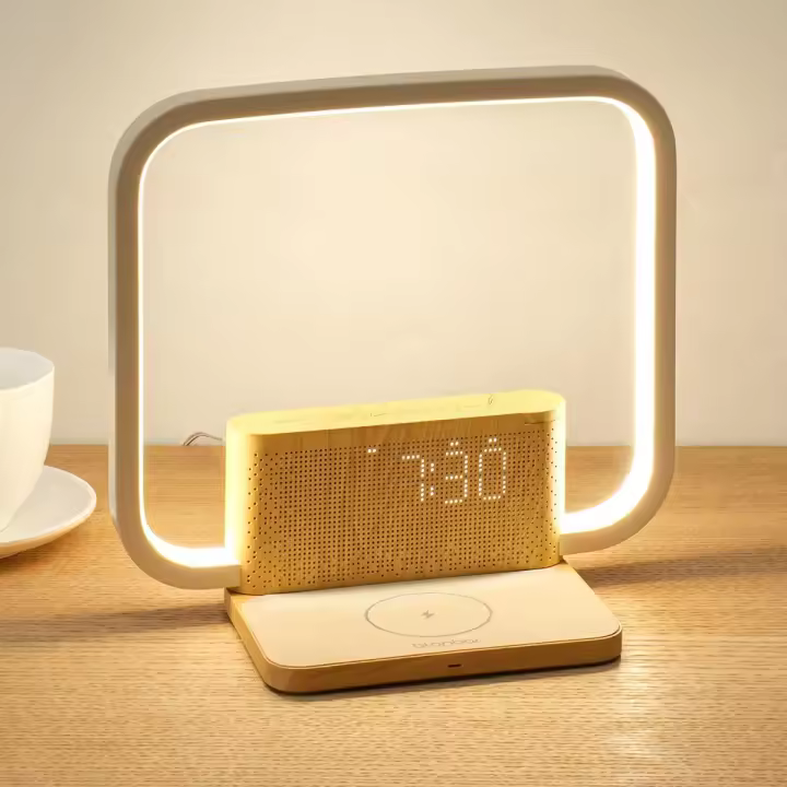 Lamparas de Mesita de Noche, Cargador Inalámbrico 10w, 2 Alarmas, Despertadora Luz Wake Up Light, Control Táctil de 3 Brillos, 10 Sonidos Relajantes para Dormir Luz de noche dormitorio - 1