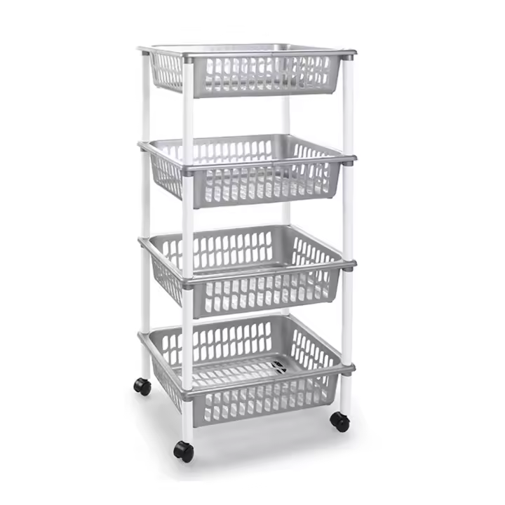 Tradineur -  Carro verdulero plata modelo PLFT con ruedas 4 cestas 85 x 40 x 30 cm . Carrito portaobjetos estantes multiusos para organizar los espacios domésticos - 1