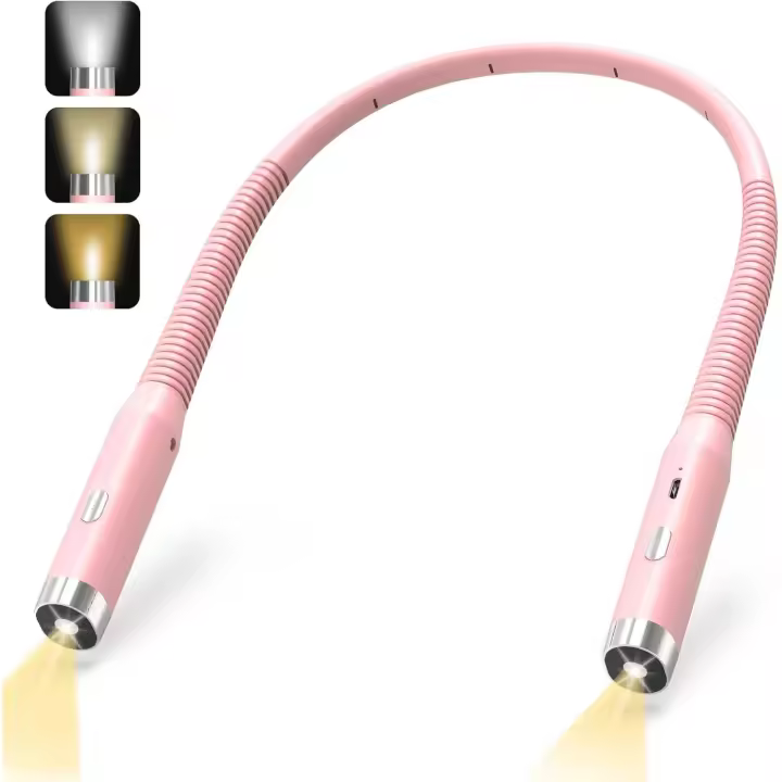 Lámpara de lectura para leer en la cama Lámpara de lectura recargable para el cuello Lámpara de lectura LED de 3 colores con brillo ajustable Lámpara de lectura cómoda y flexible para reparación de tejidos, rosa - 1