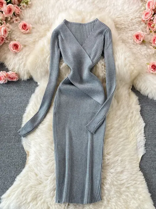 Vestido Elegante De Mujer YuooMuoo Otoño Invierno 2023 Cruzado En V Cintura Ajustada Suéter Moda Oficina Vestidos De Pierna Larga - 1