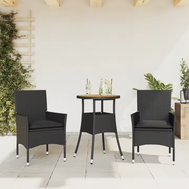 vidaXL Set de comedor jardín 3 pzas con cojines ratán PE acacia en color Negro y crema/Gris/Negro | acolchados duraderos para sofás de jardín terraza exterior - 1