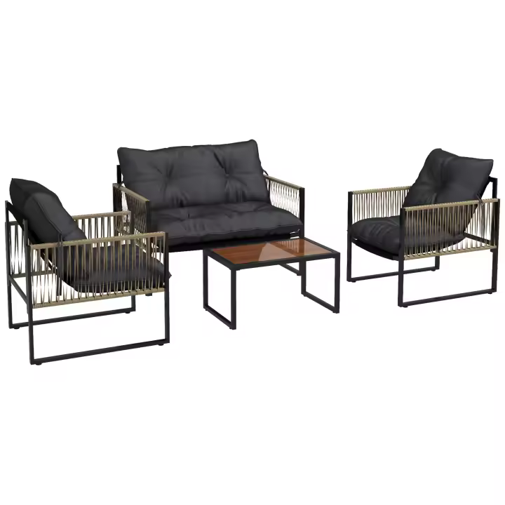 Outsunny Conjunto de Jardín de Ratán Sintético Juego de 4 Piezas Muebles de Jardín con 2 Sillones 1 Sofá de 2 Plazas 1 Mesa de Centro y Cojines - 1