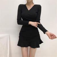Vestido Mini Elegante De Mujer En Negro Con Cuello V Manga Larga Volantes Y Ajustado Estilo Y2k Para Otoño Ropa Moda - details 9