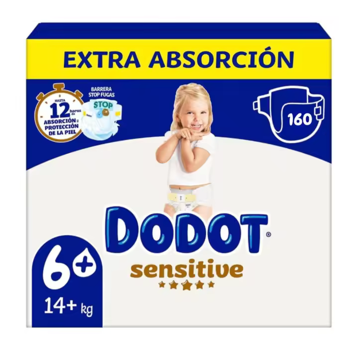 Dodot Sensitive Pañales, Talla 6 Extra Absorción, 160 Unidades, Para Bebés 14+ kg, 12 Horas de Protección, Con Barreras Antifugas y Materiales Ultra Suaves - 1