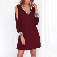 Vestido De Mujer Para Fiesta Noche V-Neck Con Lentejuelas Y Hombros Fríos Vestido Casual De Color Sólido Largo De Rodilla - details 10