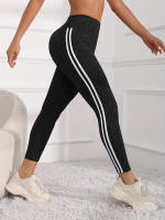 Leggings Deportivas De Control De Abdomen Con Rayas Lateral Para Mujer High Waist Elastic Waist Polyester Yoga Pantalones Comprimido - details 1