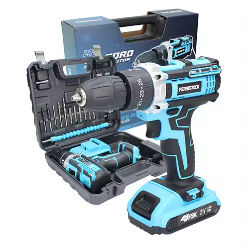 Ferrestock Taladro Percutor con Batería de Li-ion, Maletín con 25 Accesorios, 2 Velocidades, 25 Posiciones, 35Nm de Par de Giro, Función Percutor - 1