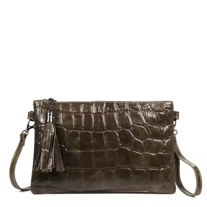 Firenze Artegiani. Ermine Bolso bandolera Mujer.Piel auténtica Gamuza Grabado Cocodrilo Grande . Made in Italy. Vera Pelle Italiana. - 1