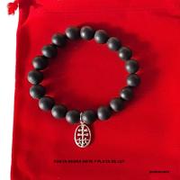 Pulsera de Plata de Ley 925 con Cruz de Caravaca y Ágata Negra Mate 10mm - Ajustable y Elástica - Bolsa de Tela de Regalo - details 3