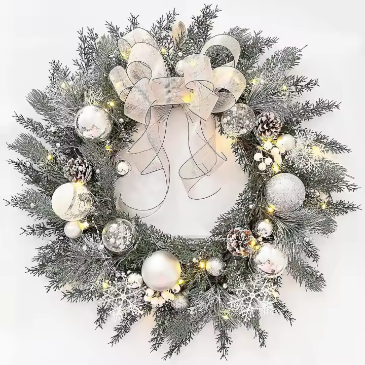 Prelit Christmas Wreath With White Bow And Ball Ornaments,  20 Inch Christmas Wreath With Lights For - 1