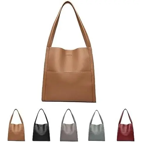 Bolso de cuero genuino simple del color sólido, bolso de los totalizadores del cuero genuino suave de las mujeres - 1