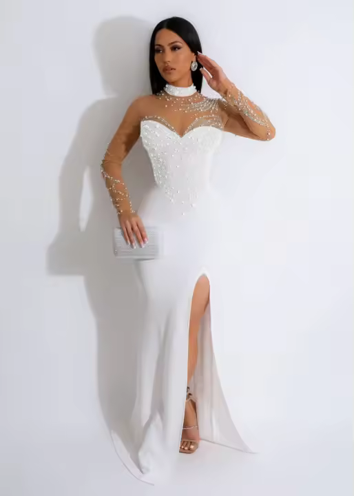 Vestido De Noche De Sirena Con Diamantes Y Rhinestones Elegante Y Lujo Para Mujer Vestido De Boda De Encaje Mesh Patchwork Sexy Para Fiesta Y Club - 1