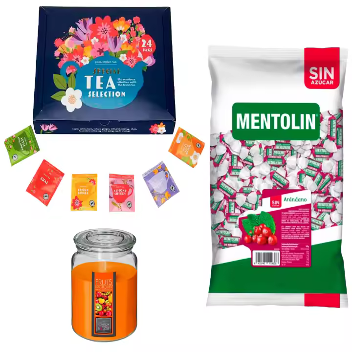 Lote respira: MENTOLIN ARANDANO S/A BOLSA 1KG + Vela Perfumada de Frutas Exóticas 510g  + Set de Te con 24 bolsitas con diferentes sabores y aromas - 1
