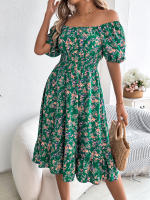 Vestido Elegante De Primavera Y Verano Para Mujer Con Estampado Floral Cuello Cuadrado Manga Corta Volante Al Borde Vestido A-Line De Rodilla Casual - details 16
