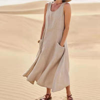 Vestido Sin Mangas De Algodón Y Lino Para Mujer Vestido De Verano Casual Cuello En V Largo Hasta La Rodilla Con Bolsillos - details 5