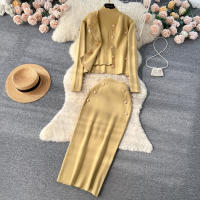 Conjunto De Ropa De Mujer REALEFT Otoño Invierno 3 Piezas Traje De Tejido Knitted Cardigan De Botón Sencillo Y Tops Falda Elegante Para Oficina - details 38