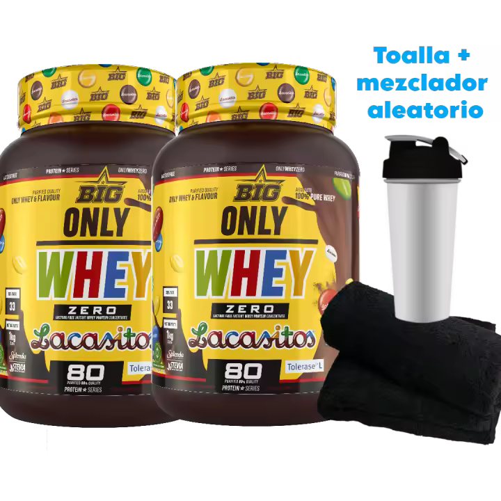 2X ONLY WHEY ZERO (2X1KG)  Lacasitos - Big  + toalla y  Mezclador aleatorio   Baja en lactosa  Baja en azúcares  Calidad garantizada  Deliciosa  Nutritiva - 1