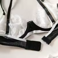 Lencería Sexy De Contraste Negro Y Blanco Conjunto De 2 Piezas Translúcido Con Bordado En Forma De Corazón Y Lazo Sujetador Y Brief Para Mujer - details 18