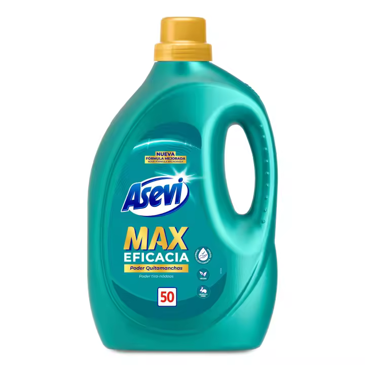 Asevi Detergente Líquido para Lavadora Max Eficacia - Detergente Hipoalergénico Concentrado para Ropa Blanca y de Color - Poder Quitamanchas para una Ropa Limpia y Fresca - 50 Lavados - 1