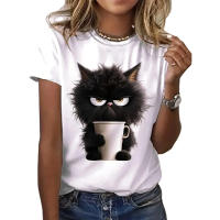 Camiseta De Verano Para Mujer Con Estampado De Gato Divertido Casual Corta Cuello Redondo Top De Poliéster Animal - details 0