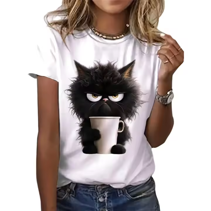 Camiseta De Verano Para Mujer Con Estampado De Gato Divertido Casual Corta Cuello Redondo Top De Poliéster Animal - 1