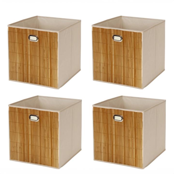 Zylx shopping - Set of 4 Foldable Bamboo Storage Boxes (31 x 31 x 31 cm) with Metal Handles, Durable Fabric and Bamboo Front, Perfect for Organizing Towels, Toys, or Documents in Shelves or Closets.