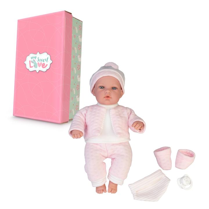 My Sweet Love - Elegance Crying Baby Girl con Colores Rosa, Muñeca Bebé Recién Nacida, 33 cm y Cuerpo Duro, Ropa de Punto y Accesorios, Chupete, Juguete Fabricado en España, 2 años, Famosa (MYW01000)