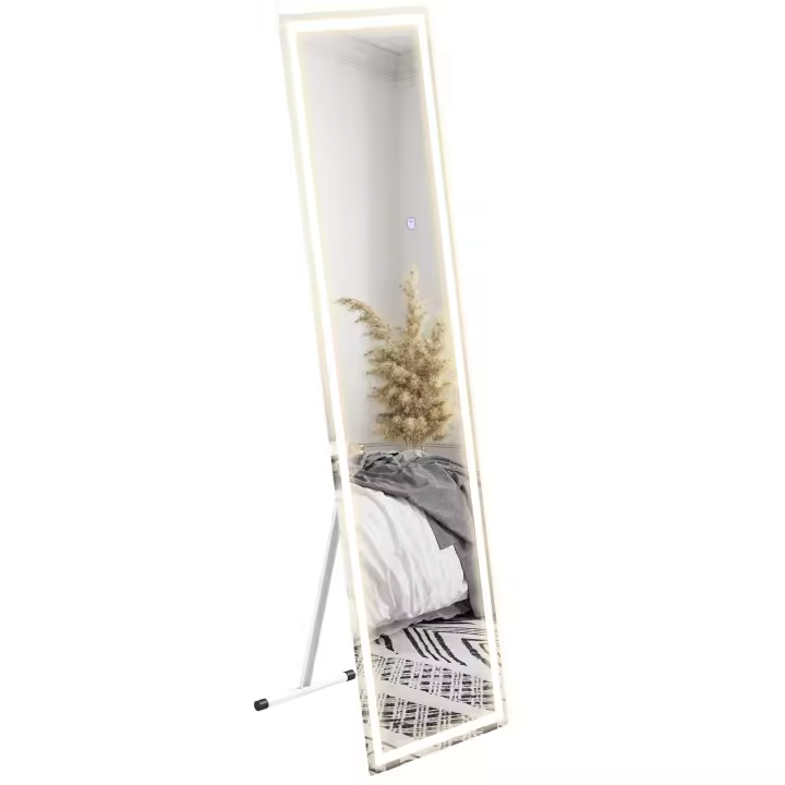 HOMCOM Espejo de Cuerpo Entero, Espejo de Pie 40 x 150 cm, Espejo de Pared con Luz LED, Espejo Luminoso con 3 Colores de Luz, Interruptor Táctil, para Salón, Dormitorio, Blanco - 1