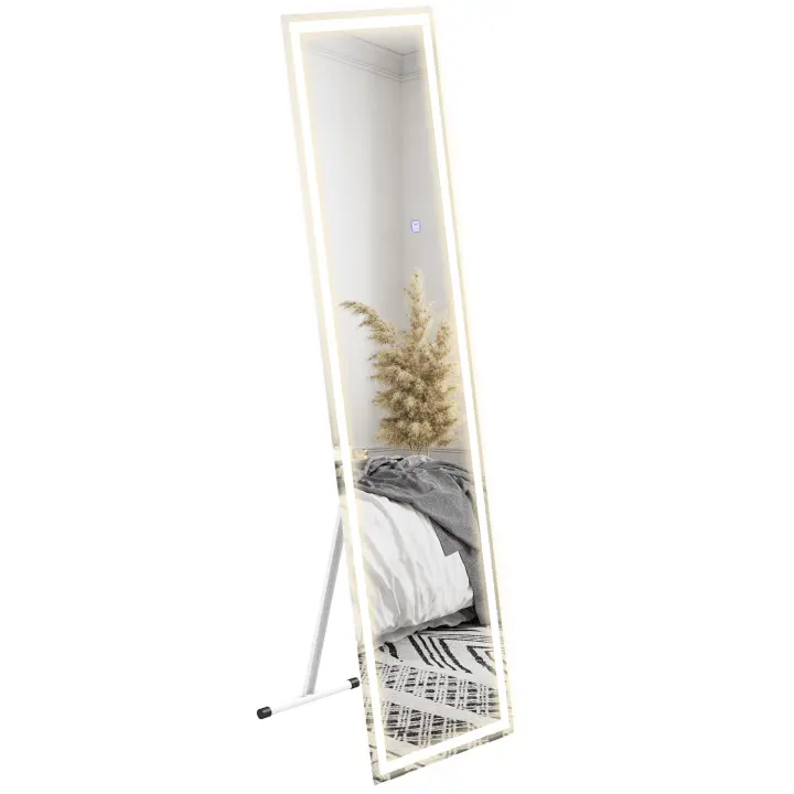 HOMCOM Espejo de Cuerpo Entero, Espejo de Pie 40 x 150 cm, Espejo de Pared con Luz LED, Espejo Luminoso con 3 Colores de Luz, Interruptor Táctil, para Salón, Dormitorio, Blanco - 1