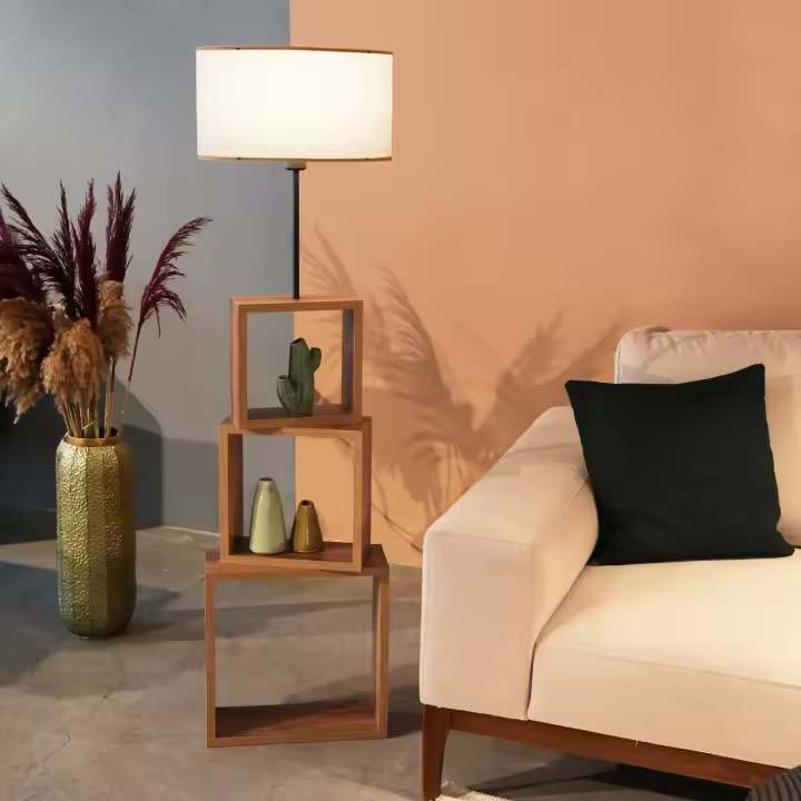Lámpara de pie Mansfield 1xE27 20 W metal MDF tela 20 x Ø 37 cm crema / madera  [lux.pro] - 1
