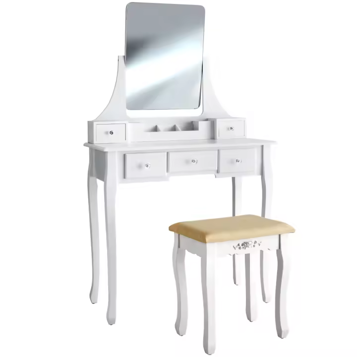 Tectake - Tocador Clara con taburete | Tocador elegante y moderno | Espejo grande y orientable 360° | Cinco cajones espaciosos - 1