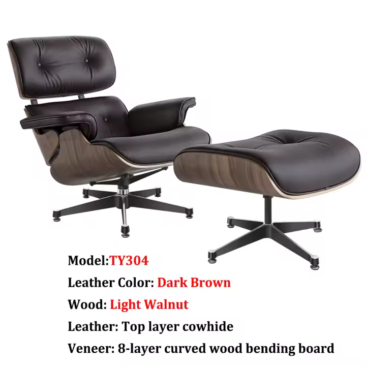 EU Stock TY304 Classic Recliner Light Walnut Armchair With Dark Brown Cowhide Black Big Head Foot 360° Swivel Lounge Chair Furniture Genuine Leather Recliner Chair Modern Lounge Chair with Ottoman for Home Living Room Office (Brown) - 1