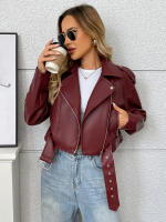 Chaqueta De Cuero PU Para Mujer Fitaylor Cierre De Cremallera Estilo Casual Con Cuello En V Y Cinturón Moto Outwear - details 2