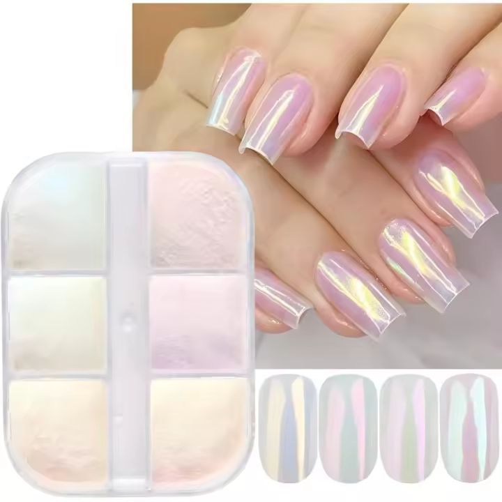 Polvo de uñas cromado de 6 colores, efecto espejo metálico, Aurora Magic White Pearl, polvo de uñas cromado para esmalte de gel, polvo de mica. - 1