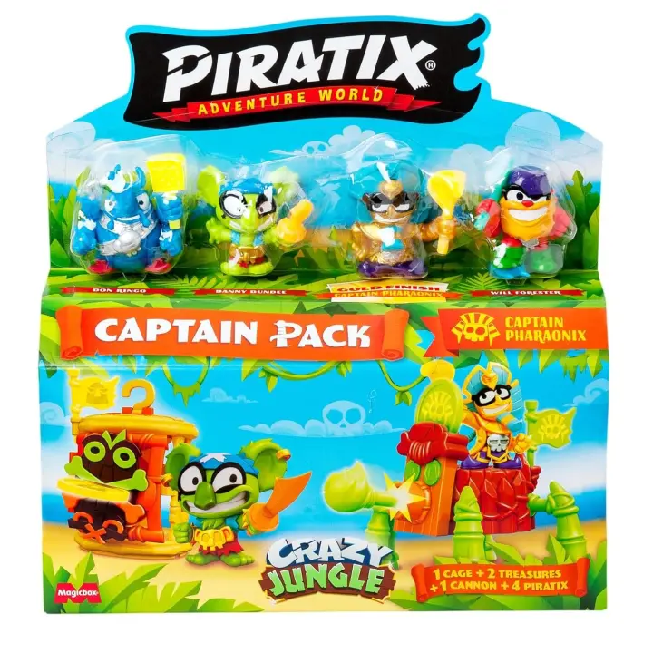 PIRATIX ADVENTURE WORLD Serie Crazy Jungle, Captain Pack Pharaonix – Incluye 4 Piratix, 1 capitán Dorado, 4 Accesorios neón, 1 Jaula, 1 cañón, 2 Tesoros exclusivos, 2 Banderas neón - 1