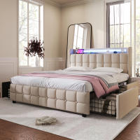 Cama tapizada con función de Carga, función de carga USB, sombrero E iluminación LED Y 4 cajones, Cama Doble 160x200 cm, Cama con almacén, somier, Marco de listones de Madera, beige (con colchón) - details 6