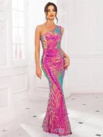 Vestido De Fiesta Largo De Encaje Con Un Hombro Sin Mangas Ajustado Para Mujer Color Azul Verde Rosa Lavanda Elegante Y Sexy - details 12