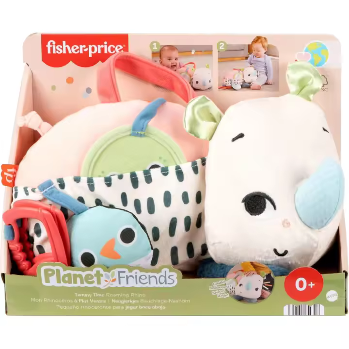 Fisher-Price Planet Friends Pequeño rinoceronte para jugar boca abajo Peluche con actividades sensoriales para bebés a partir de 0 meses (Mattel HYR55) - 1