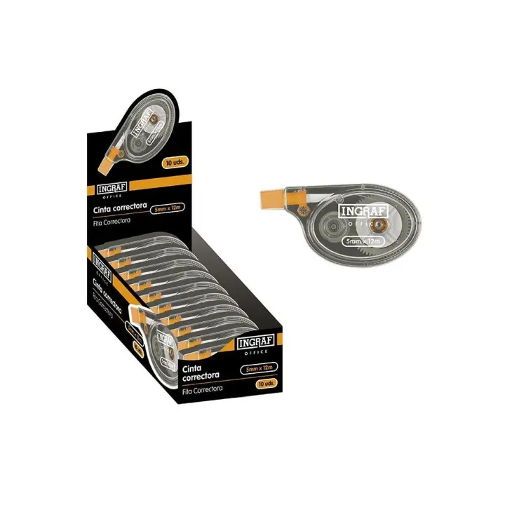 CAJA DE 10 CORRECTORES CINTA INGRAF LATERAL12 METROS X 5 MM.  MATERIAL OFICINA ESCOLAR CORRECCION EN SECO - 1