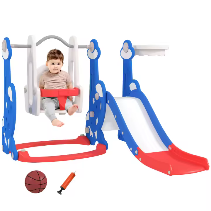 AIYAPLAY Tobogán Infantil 4 en 1 Parque Infantil con Columpio y Tobogán Escalador Aro de Baloncesto Temática de Cohete para Interior - 1