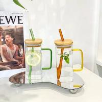 Vaso De Vidrio Transparente Con Tapa De Bambú Y Pajita De Color Para Bebidas Resistentes Al Calor De 301-400ml Vaso Grande Para Agua Leche Jugo Té De Burbujas - details 0