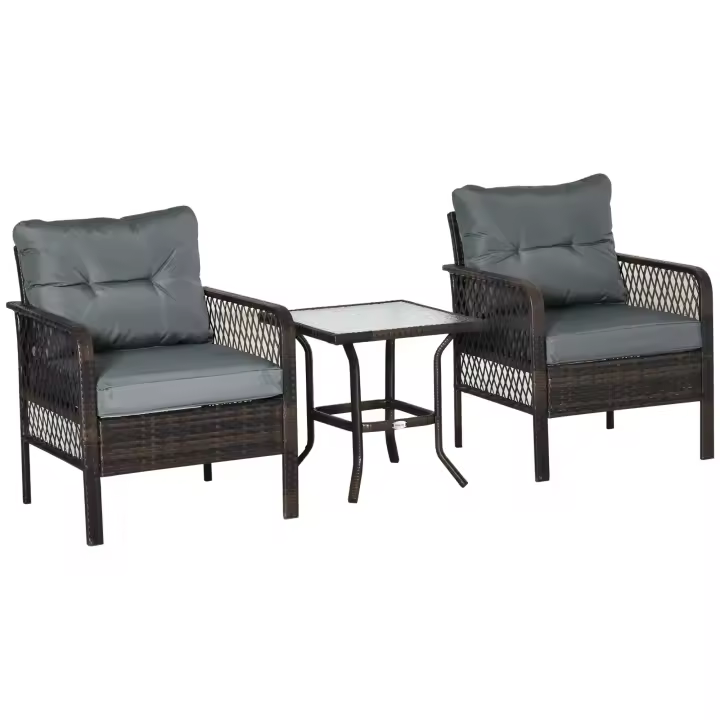 Outsunny Set de Muebles de Ratán 3 Piezas de Jardín 2 Sillones 65x66x75 cm y Mesa de Vidrio Templado 50x50x50 cm con Cojines Acolchados para Terraza Patio Marrón y Gris - 1