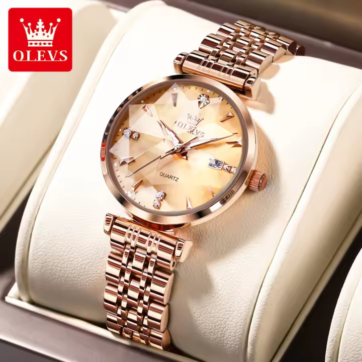Reloj De Mujer OLEVS Elegante Y Moderno Con Forma De Rombo Resistente Al Agua De Cuarzo Con Correa De Acero Inoxidable Y Espejo Original Fecha - 1