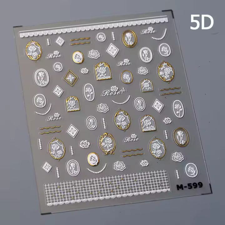 Pegatinas De Uñas 5D Retro Doradas Con Diseño De Encaje Rosa Blanca Y Florales Adhesivas Autocollantes Para Decoración De Uñas - 1