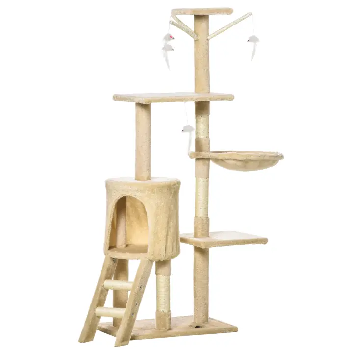 PawHut Árbol para gatos Rascador Grande 50x35x134,2 cm con Nidos Plataformas Casetas Ratón de Juego Cubierto de Felpa Beige - 1