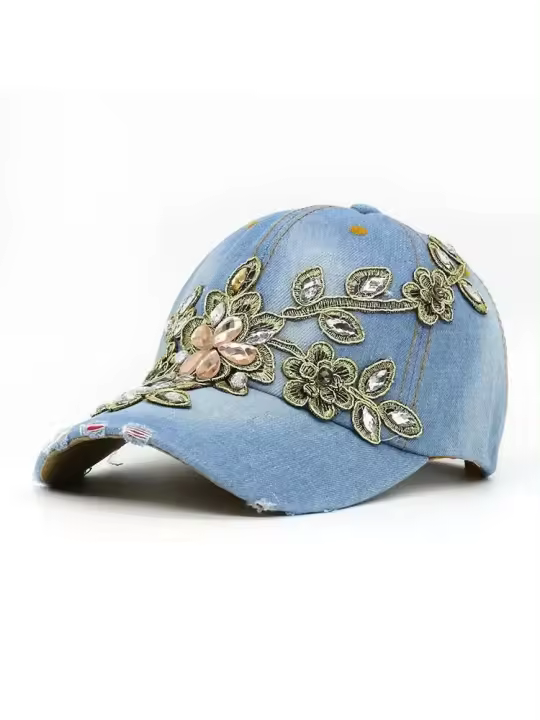 Gorro De Béisbol Para Mujer Con Bordado De Diamante Y Flor En Denim Protección Solar Ajustable Estilo Casual Verano - 1