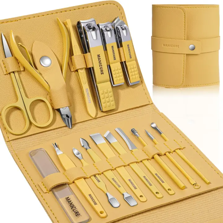 Kit de cortaúñas, 16 piezas de Maple inoxidable para el cuido de las uñas, con lujo estuche de viaje de cuero para uñas gruesas (Amarillo) - 1