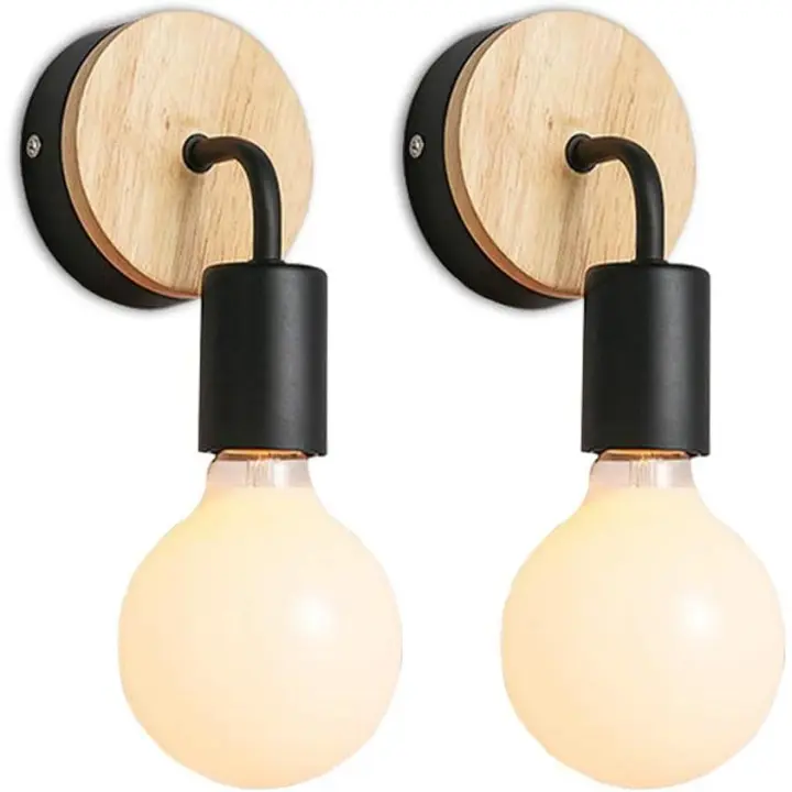 Montado madera metal interior pared luces E27 dormitorio baño pared luz sin bombillas (negro) - 1